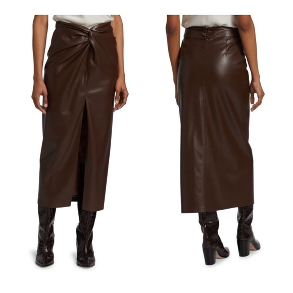 Nanushka Inci Faux Leather Midi Skirt Size Large Brown Minimalist Luxury Vegan